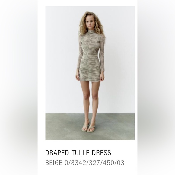 Zara Dresses & Skirts - Zara Beige Draped Tulle Long Sleeve Dress